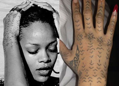 Rihanna được cho là nghiện xăm. Cô sở hữu rất nhiều hình xăm độc lạ lớn nhỏ ở xung quanh tai, xương sườn, xương đòn, vai, hông, mắt cá chân.